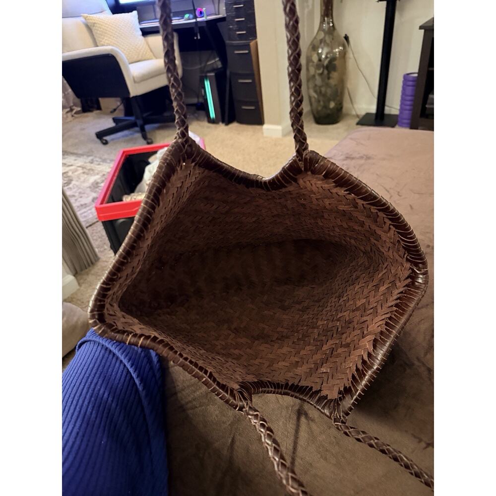 DarkBrown HandwovenLeather Basket Tote Bag BraidedHandles with Drawstring Insert - Picture 3 of 4